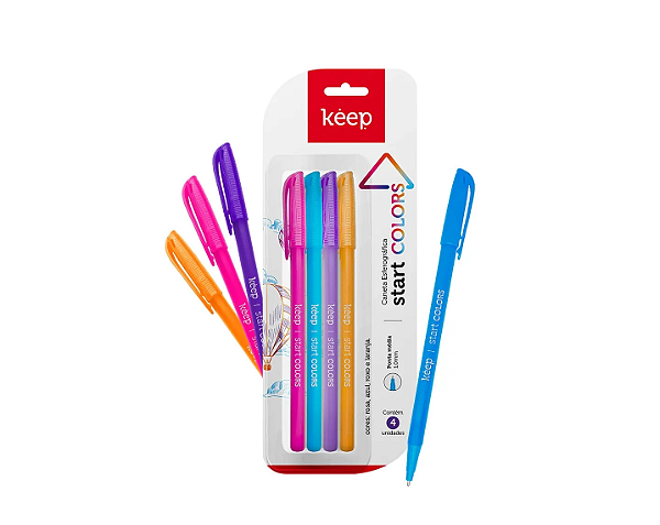 Caneta Esferográfica Ponta Media 1.0mm 4 Cores c/ 4 Unidades Keep - EI097