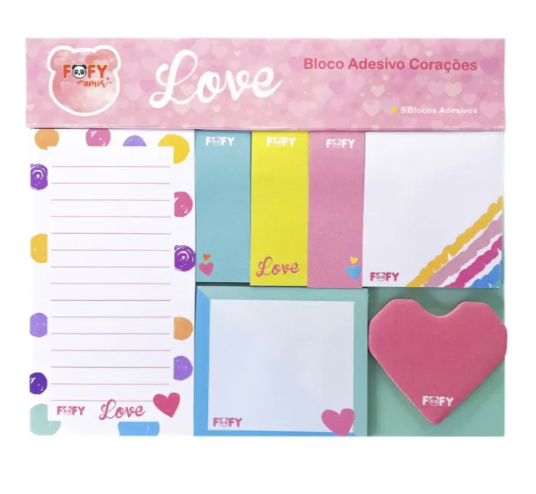 Bloco de Anotações Tema Coração -  5 peças -Fofy