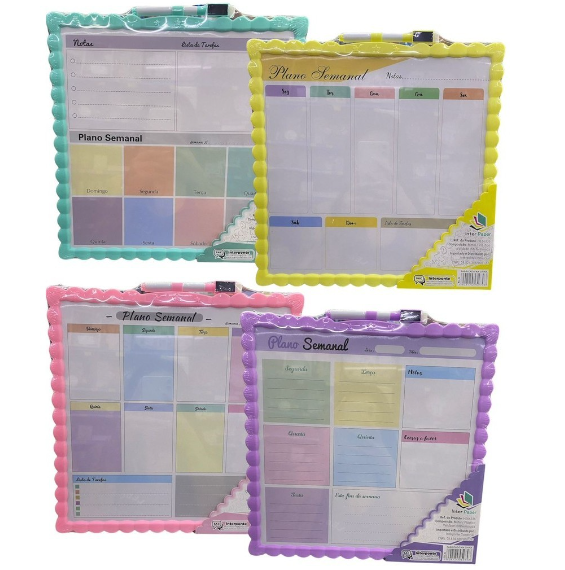Quadro Branco de Recado e Plano Semanal Magnético 29x29cm (Amarelo, Lilás, Rosa e Verde) com marcador - Interponte