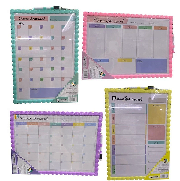 Quadro Branco de Recado e Plano Semanal Magnético 39x28cm (Amarelo, Lilás, Rosa e Verde) com marcador - Interponte
