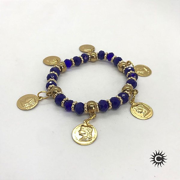 Pulseira - Cigana Azul Escuro Cristal E Silicone Com Moedas