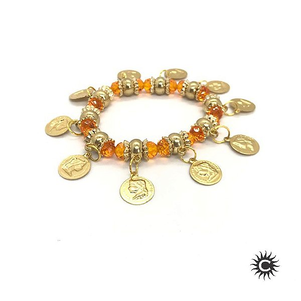 Pulseira - Cigana Laranja Cristal E Silicone Com Moedas