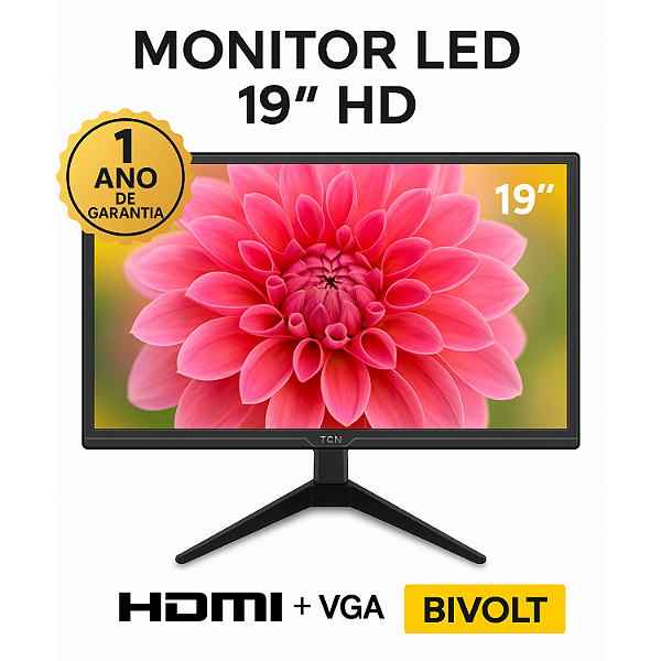 Monitor LED 19” HD Slim 75Hz 5ms com Entradas HDMI e VGA Bivolt para PC e Notebook