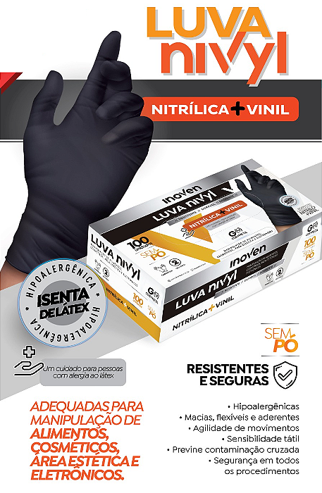 Luva de Vinil com Nitrilo - Nivyl - Preta - cx 100und - Inoven - Tam. M - CA 47466