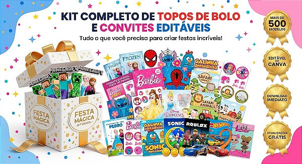 Kit Completo de Topos de Bolo e Convites Editáveis no Canva + Mais de 500 Modelos Prontos para Imprimir | Acesso Imediato