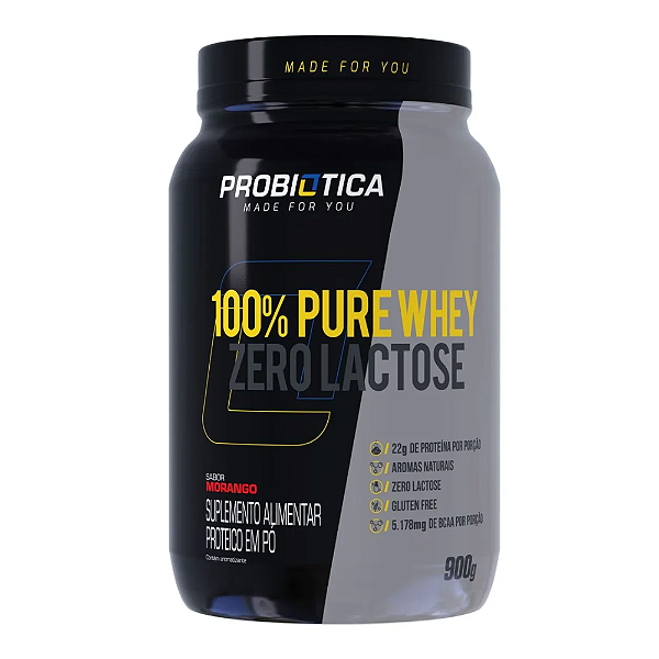 100% Pure Whey Zero Lactose Morango Probiótica 900g