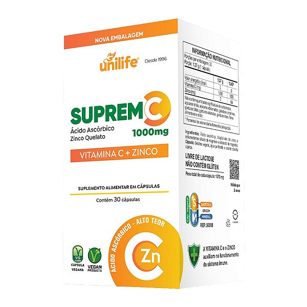 Suprem C 1000 Vitamina C e Zinco Unilife 30 Cápsulas