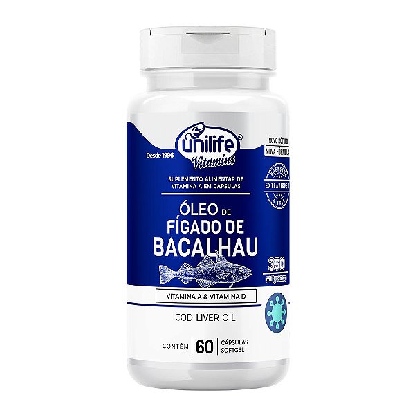 Óleo de Fígado de Bacalhau Com Vitaminas A e D 350Mg Unilife 60 Cápsulas