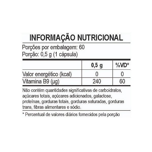 Vitamina B9 Ácido Fólico Unilife 60 Cápsulas Pacote 1Kg