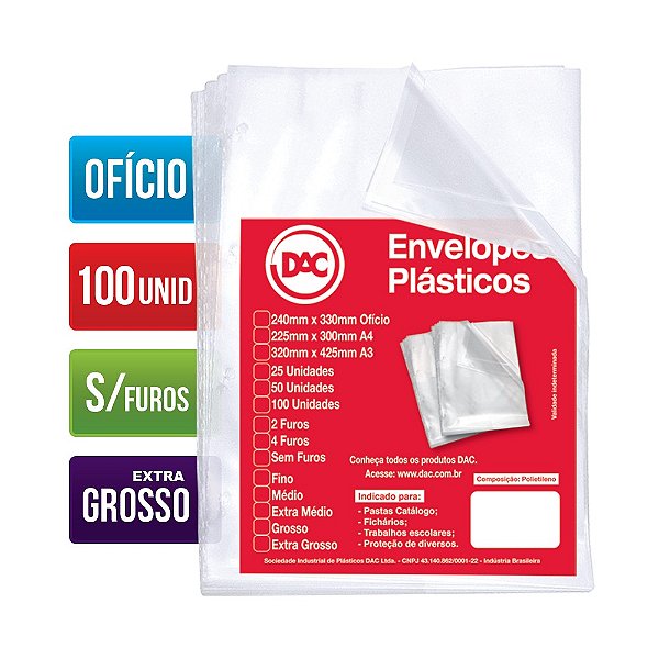 ENVELOPE PLASTICO OFICIO EXTRA GROSSO S/ FURO 20 MICRAS C/100 REF 5087 DAC