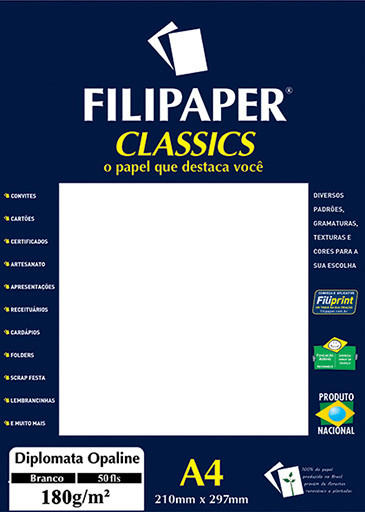 PAPEL ESPECIAL DIPLOMATA OPALINE BRANCO A4 180g 50FLS FILIPAPER 1445