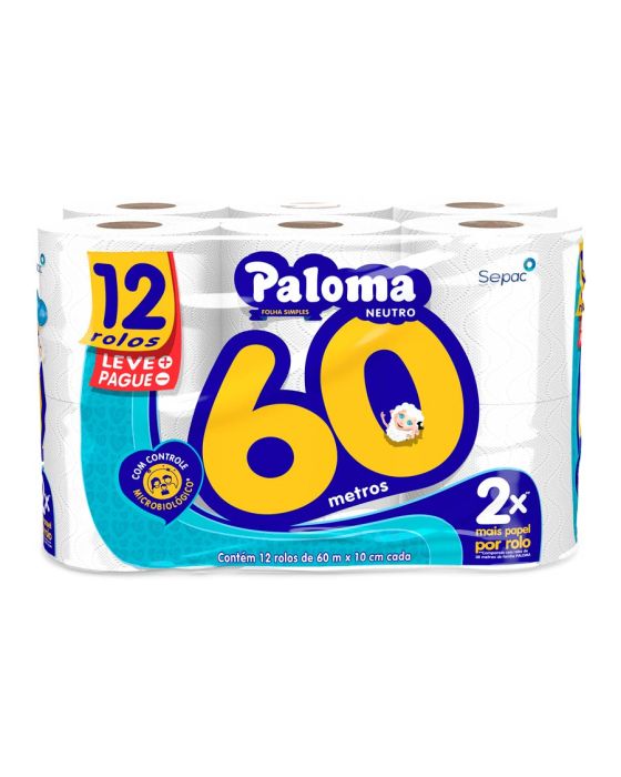 PAPEL HIGIENICO FOLHA SIMPLES NEUTRO PT C/12 ROLOS DE 60M PALOMA
