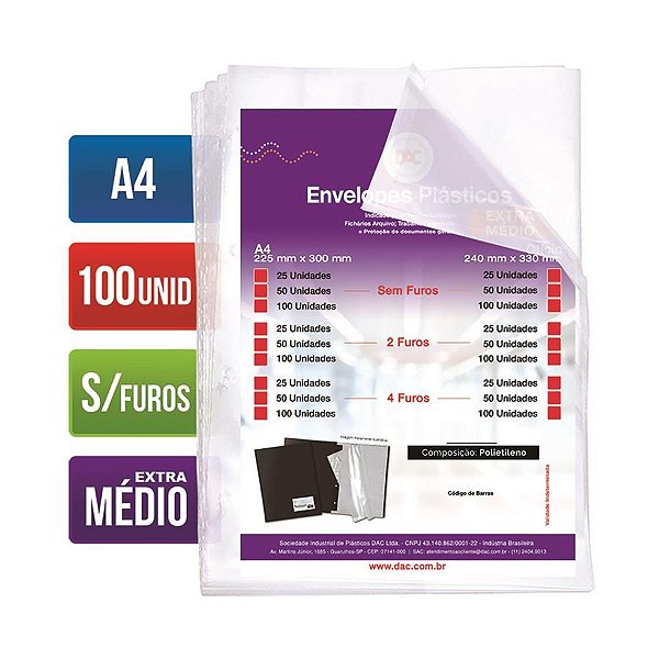 ENVELOPE PLASTICO A4 EXTRA MEDIO S/ FURO 12 MICRAS C/100 REF 5177 DAC