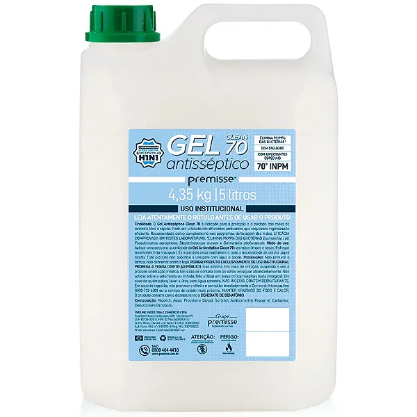 GEL CLEAN ANTISSEPTICO PREMISSE ALCOOL 70% - 5 Litros