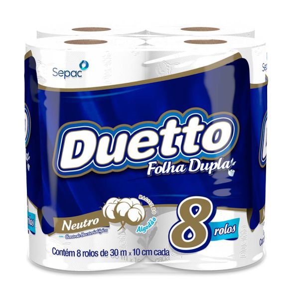 PAPEL HIGIENICO FOLHA DUPLA NEUTRO PT C/8 ROLOS DE 30M DUETTO