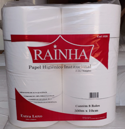 PAPEL HIGIÊNICO RAINHA 08x300 METROS - EXTRA LUXO 100% celulose folha simples