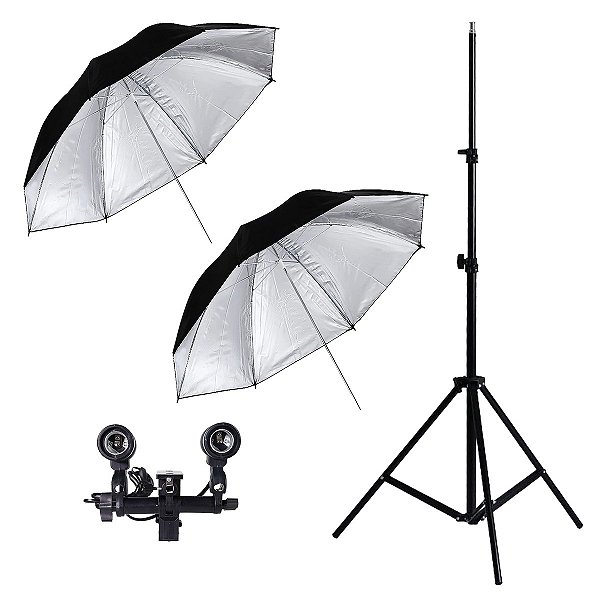 Kit com Soquete Iluminação com Tripe Duas Sombrinhas Prata