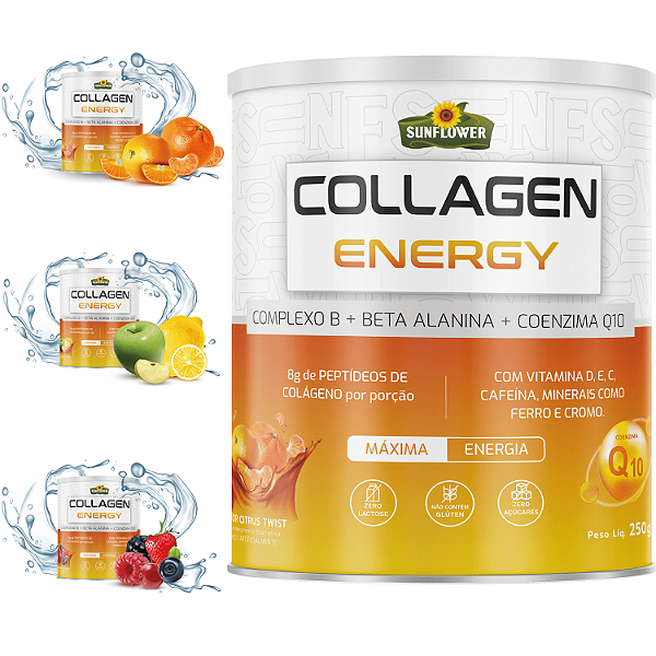 Collagen Energy 250g Sunflower - Colágeno Pré Treino - Beta Alanina + Coenzima Q10 CoQ10 + Complexo B