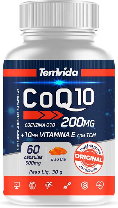 Coenzima Q10 COQ10 + Vitamina E + TCM 60 Caps 500mg Tem Vida