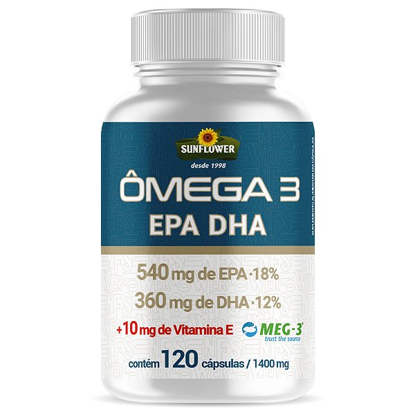 Ômega 3 EPH - DHA + Vitamina E - Certificado MEG-3 - Livre de Metais Pesados - 120 cápsulas Sunflower