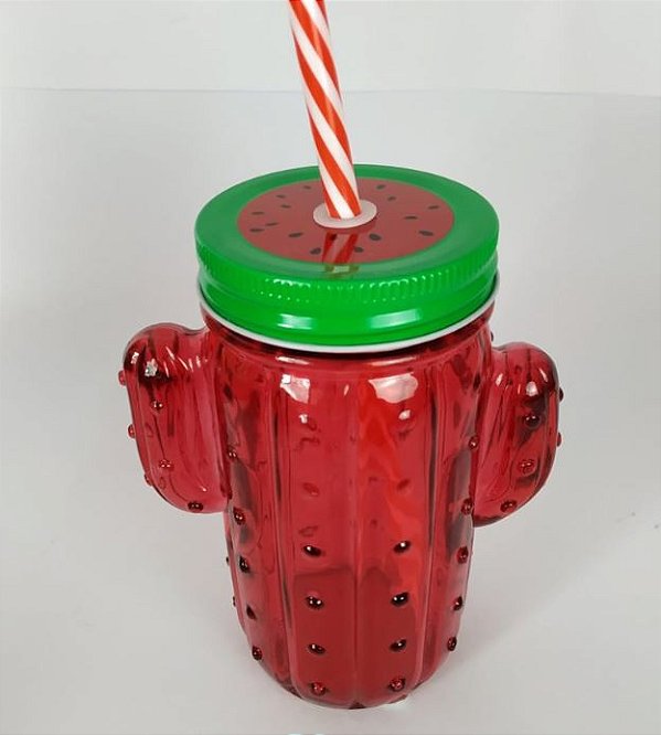 Copo de Vidro Cactos com Canudo Vermelho