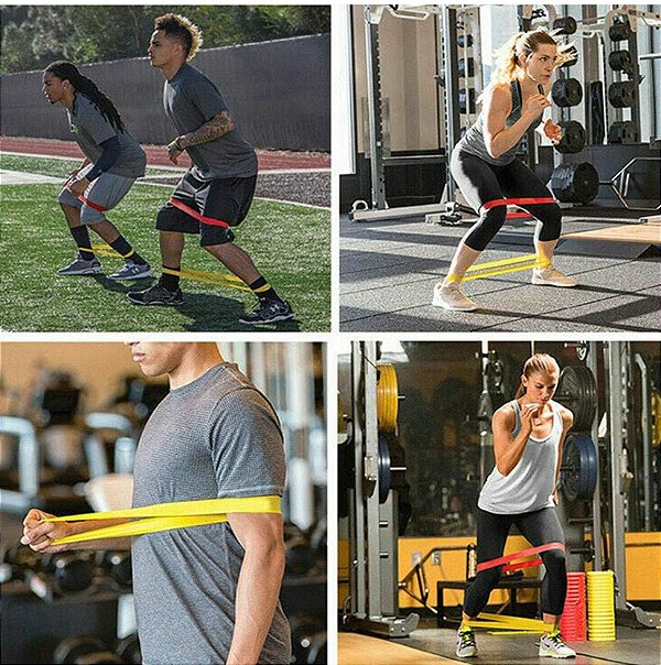 Kit Mini Band com 5 Intensidades nas imagens tem alguns exercícios para utilizar