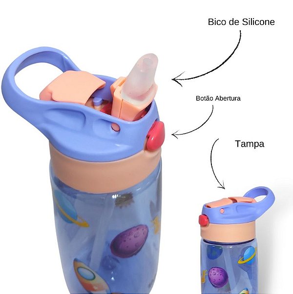 Garrafa Squeeze Canudo Embutido Infantil Plástico 450ml Sortidos com 2 pedras de gelo plastico