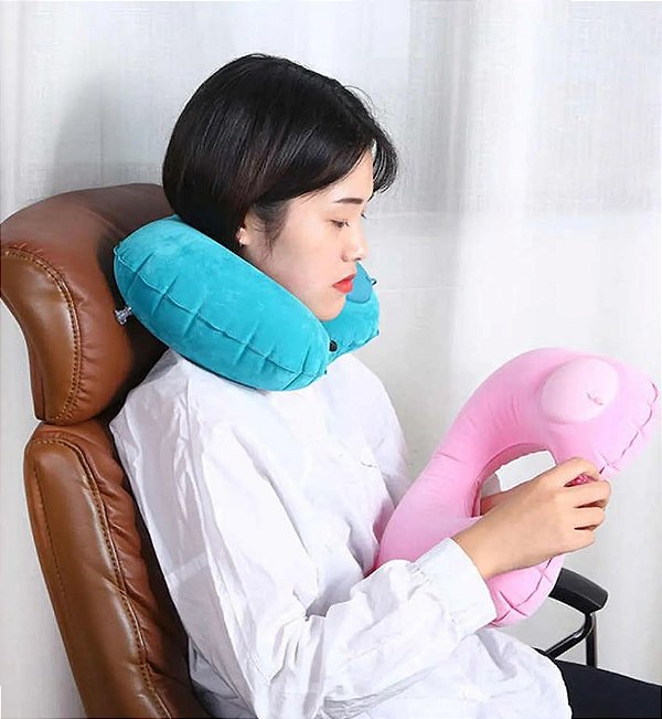 Kit Feriado Almofada De Pescoço Viagem Descanso Encosto Facil De Encher Rosa
