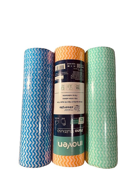 Rolo Pano de Limpeza Multiuso 28x50cm Rolo 25m Com 50 Panos Cores Azul- Laranja- Verde