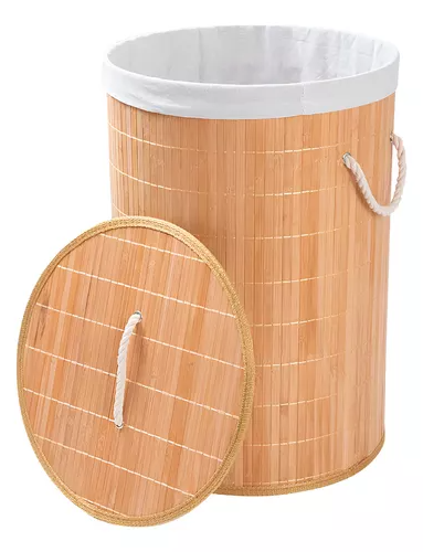 Cesto de Roupa Redondo Bambu 60 x 35 cm com Tampa -Tecido  de Qualidade- Aste de reforço