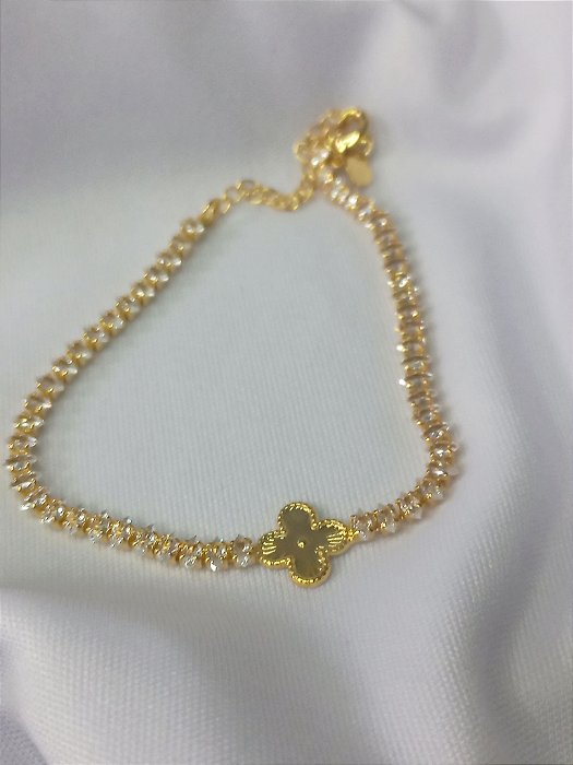 Pulseira Trevo Cristal c/ detalhes (10MM) e Navetes (4X2MM) - Ouro 18K