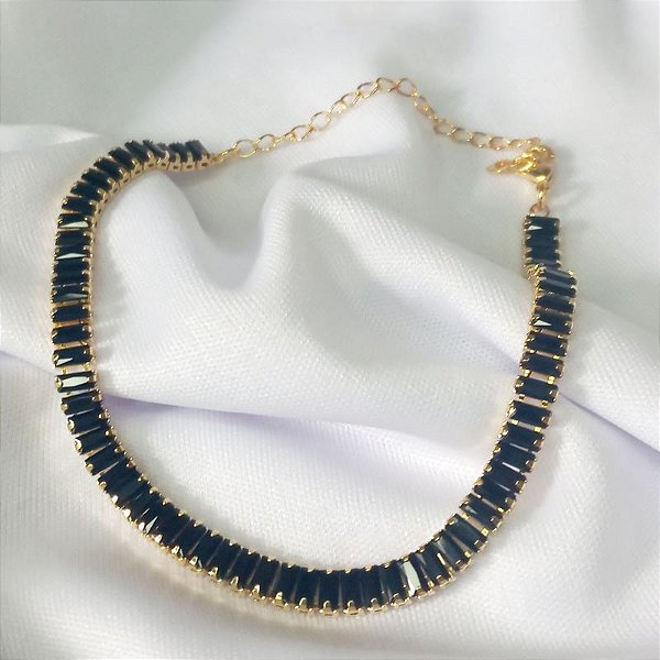 Pulseira Riviera Baguete Preta c/ extensor (4MM X 2MM) - Ouro 18K