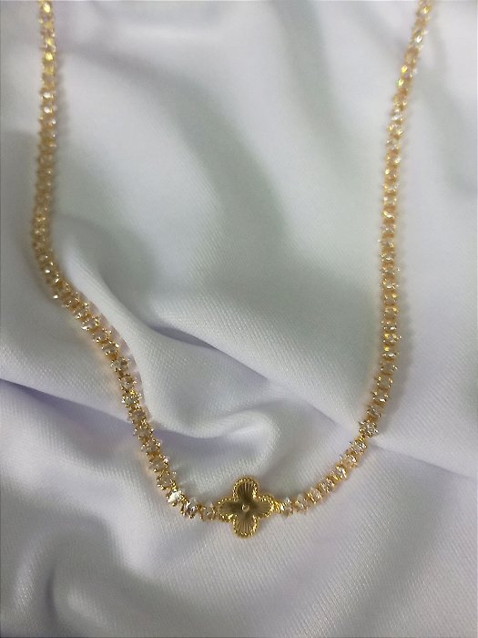 Choker Trevo Cristal c/ detalhes (10MM) e Navetes (4X2MM) - Ouro 18K