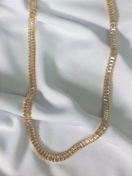 Choker Riviera Baguete Cristal c/ extensor (6MM + 3MM) - Ouro 18K