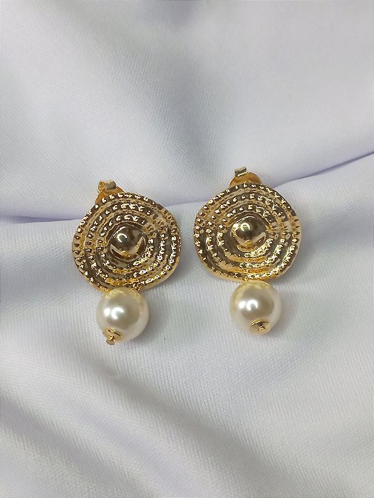 Brinco Orgânico Martelado Redondo c/ pontilhados e pérola (33MM) - Ouro 18K