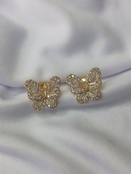 Brinco Borboleta Cravejada c/ baguetes + zircônias (15MM) - Ouro 18K