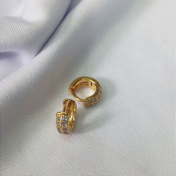 Brinco de Argola Pequena Cravejado 2 Fileiras (10MM) - Ouro 18K