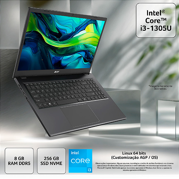 NOTEBOOK ACER ASPIRE GO 15 15,3" WUXGA AG15-51P-37DQ/ I3-1305U/ 8GB/ 256GB/ LINUX