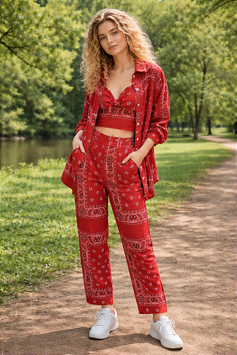 CONJUNTO CALÇA, CROPPED E CAMISA