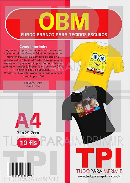 OBM - Papel Transfer OBM - Pct c/ 10 un. - Fundo branco para tecidos escuros