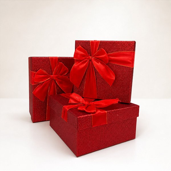 Kit Caixa para Presente Vermelha  com 3 Unidades  - Com Glitter e Laço