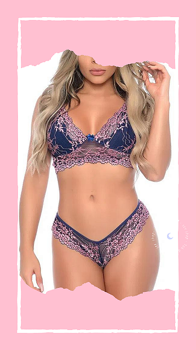Conjunto Lili Bicolor - Renda Marinho e Rosé P