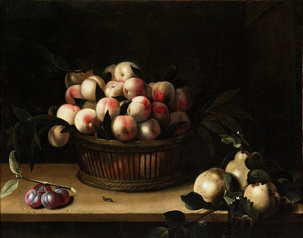 Cesta de pêssegos, marmelos e ameixas