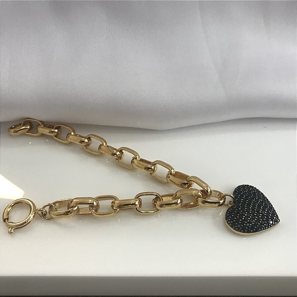 Pulseira Folheada elos grandes com Pingente Coração Cravejado