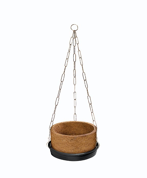 Vaso xaxim em fibra de coco com prato e corrente numero 01