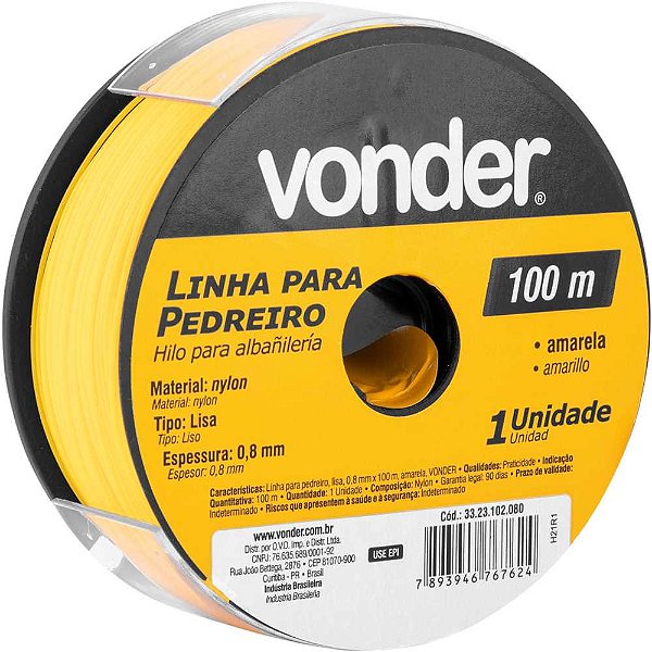 Linha para pedreiro, lisa, 0,8 mm x 100 m, amarela, VONDER