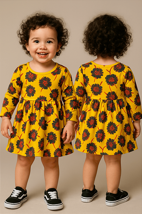 Vestido Body Manga Longa Floral Amarelo BB Básico (12 a 18 meses)