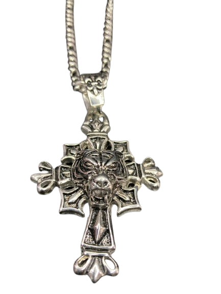 Colar Cruz com Cabeça de Tigre - Aço Inoxidável