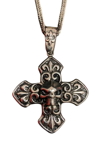 Colar de Cruz e Caveira Estilizada – Aço Inoxidável