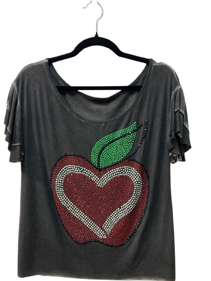 Camiseta Feminina Cinza com Maçã de pedraria.